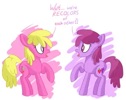 Size: 2131x1685 | Tagged: safe, artist:notadeliciouspotato, derpibooru import, berry punch, berryshine, cherry berry, earth pony, pony, atg 2020, dialogue, duo, female, looking at each other, mare, newbie artist training grounds, open mouth, raised hoof, recolor, simple background, speech bubble, surprised, talking, white background, wide eyes