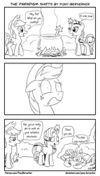Size: 1280x2240 | Tagged: safe, artist:pony-berserker, derpibooru import, part of a set, applejack, rarity, crab, earth pony, giant crab, pony, unicorn, 2020, black and white, bowl, bush, cauldron, comic, cooking, cooking pot, crab soup, dialogue, duo, english, eyes closed, fire, food, frown, grayscale, ladle, lidded eyes, monochrome, open mouth, outdoors, pot, pun, punchline, rarity fighting a giant crab, reaction, reaction image, simple background, solo, soup, speech bubble, standing, steam, talking, walking, weirded out, white background, wood
