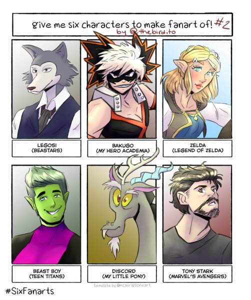 Size: 1715x2048 | Tagged: artist:thebirdito, bakugo katsuki, beard, beastars, beast boy, bust, clothes, crossover, derpibooru import, discord, draconequus, facial hair, female, human, legosi (beastars), male, my hero academia, necktie, princess zelda, safe, six fanarts, teen titans, the legend of zelda, tony stark