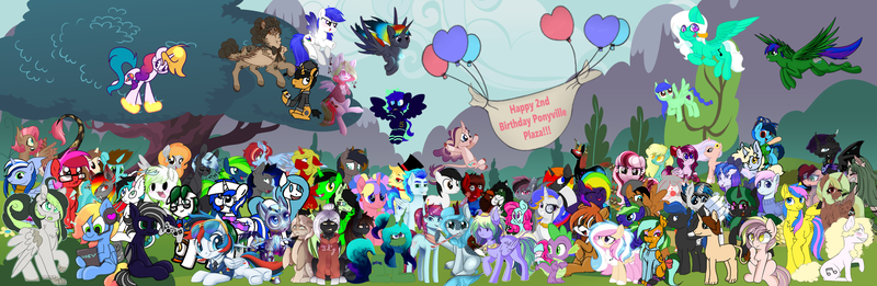 Size: 2195x715 | Tagged: safe, artist:hyperalex2, artist:jyxia, artist:moonydusk, artist:mrscroup, artist:ngthanhphong, artist:sprinklebun, derpibooru import, oc, oc:black night, oc:blurie grape, oc:bree jetpaw, oc:fairytale, oc:frost flare, oc:lavender whisper, oc:moonstone mark, oc:new leaf, oc:ruby star, oc:shimmering spectacle, oc:sky stratosphere, oc:solar gizmo, oc:sunshine, oc:taffy swirl, alicorn, bat pony, kirin, pegasus, unicorn, balloon, banner, birthday, collaboration, female, group photo, magical lesbian spawn, magical threesome spawn, male, mare, offspring, ponyville plaza, stallion