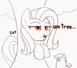 Size: 1500x1319 | Tagged: safe, artist:handgunboi, derpibooru import, fluttershy, scootaloo, bird, chicken, pony, fluttertree, funny, i'd like to be a tree, leafing the dream, scootachicken, tree