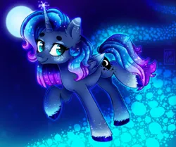 Size: 1147x960 | Tagged: safe, alternate version, artist:meqiopeach, derpibooru import, princess luna, alicorn, pony, luna eclipsed, alternate design, alternate hairstyle, art, blushing, cute, cutie mark, design, drawing, eyeshadow, fanart, fluffy, freckles, full background, future, lunabetes, makeup, moon, path, princess, raised hoof, raised tail, smiley face, sparkles, stars, tail