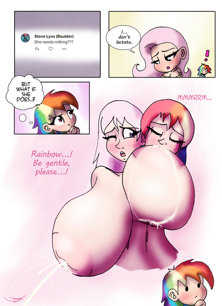 Size: 5100x7014 | Tagged: questionable, artist:ringteam, derpibooru import, fluttershy, rainbow dash, bat pony, human, big breasts, breasts, busty fluttershy, comic, daydream, female, flutterbat, flutterdash, huge breasts, humanized, impossibly large breasts, inverted nipples, lactation, lesbian, milk, nipples, nudity, race swap, shipping, squirting, suckling, vaginal secretions