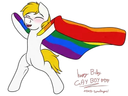 Size: 4000x3000 | Tagged: artist needed, safe, derpibooru import, oc, oc:golden bar, unofficial characters only, pegasus, pony, bipedal, birthday gift, blonde mane, blonde tail, blushing, eyes closed, gay pride, gay pride flag, happy, hidden wings, lgbt, male, open mouth, pride, pride flag, signature, simple background, smiling, solo, stallion, standing, transparent background, white fur