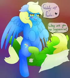 Size: 1569x1747 | Tagged: suggestive, artist:fortes-feather, derpibooru import, oc, oc:forté, oc:telsa, unofficial characters only, earth pony, pegasus, pony, blushing, brother and sister, cowgirl position, duo, female, gradient background, implied sex, incest, male, obscured penetration, piercing, pillow, rainbow eyes, siblings, softcore, spread wings, straight, text, vulgar, wings