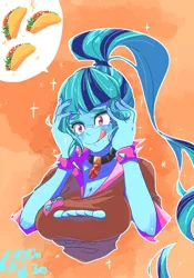 Size: 700x1000 | Tagged: safe, artist:sozglitch, derpibooru import, sonata dusk, equestria girls, blouse, bracelet, breasts, bust, busty sonata dusk, choker, food, gem, hand on head, hands on head, holding head, licking, licking lips, lidded eyes, siren gem, solo, spiked wristband, taco, tongue out, wristband