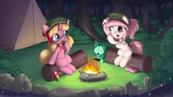 Size: 5487x3087 | Tagged: safe, artist:an-m, artist:pestil, derpibooru import, oc, oc:butter berry, oc:setna, unofficial characters only, earth pony, firefly (insect), insect, pony, unicorn, bush, campfire, campsite, collaboration, cookie, cute, duo, female, filly, filly guides, filly scouts, food, forest, gap teeth, juice, juice box, lake, log, night, outdoors, raised hoof, sitting, tent, tree