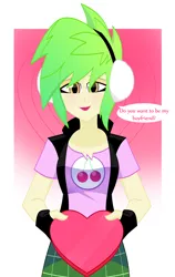 Size: 2058x3264 | Tagged: safe, artist:xan-gelx, derpibooru import, cherry crash, equestria girls, box of chocolates, chocolate, clothes, commission, earmuffs, female, fingerless gloves, food, gloves, heart shaped box, looking at you, miniskirt, plaid skirt, skirt, solo, speech bubble, talking to viewer, vest