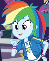 Size: 741x918 | Tagged: safe, derpibooru import, screencap, rainbow dash, equestria girls, equestria girls series, holidays unwrapped, spoiler:eqg series (season 2), canterlot mall, clothes, cloud, cropped, cute, dashabetes, dashing through the mall, female, geode of super speed, hand on hip, hoodie, jacket, jewelry, looking down, magical geodes, merchandise, multicolored hair, necklace, pants, pockets, pointing, rainbow, rainbow hair, shirt, short sleeves, smiling, store, t-shirt, talking, thunderbolt, wristband