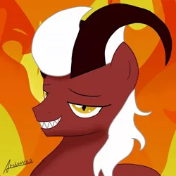 Size: 1024x1024 | Tagged: safe, artist:archooves, derpibooru import, oc, oc:bakki, demon, oni, pony, fangs, fire, horns, male, smiley face, solo, stallion