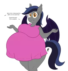 Size: 1906x1996 | Tagged: suggestive, artist:duragan, derpibooru import, oc, oc:echo, anthro, bat pony, anthro oc, bat pony oc, bat wings, bbw, belly, big belly, breasts, busty echo, confused, fat, food baby, huge belly, impossibly large belly, maternity dress, not pregnant, offscreen character, shrug, stuffed, that batpony sure does love mangoes, wings