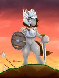 Size: 3124x4096 | Tagged: arm hooves, armor, artist:inkystylus12, bipedal, blood, derpibooru import, fantasy class, oc, oc:reliable trustheart, safe, shield, sunset, sword, viking, warrior, weapon