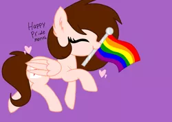 Size: 2154x1532 | Tagged: safe, artist:circuspaparazzi5678, derpibooru import, oc, oc:breanna, pegasus, pony, base used, brown mane, mouth hold, pride, pride flag, pride month, rainbow, rainbow pride, solo