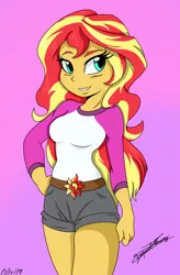 Size: 800x1220 | Tagged: safe, artist:ambris, derpibooru import, editor:manchestersmash, sunset shimmer, equestria girls, adorasexy, belt, breasts, busty sunset shimmer, camp everfree outfits, colored, colored background, cute, female, hand on hip, purple background, sexy, shimmerbetes, signature, simple background, solo, thighs