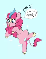 Size: 2561x3246 | Tagged: safe, artist:pucksterv, derpibooru import, pinkie pie, kirin, atg 2020, cloven hooves, cute, diapinkes, fluffy, high res, horn, jumping, kirinified, newbie artist training grounds, open mouth, simple background, solo, sparkles, sparkly eyes, species swap, tail, text, wingding eyes