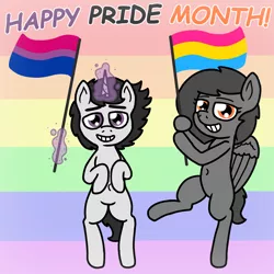 Size: 1460x1460 | Tagged: safe, artist:perplexia, deleted from derpibooru, derpibooru import, oc, oc:charcoal, oc:perplexia, unofficial characters only, pegasus, pony, unicorn, bipedal, bisexual, bisexual pride flag, female, flag, holding, hoof hold, horn, looking at you, magic, male, mare, pansexual, pansexual pride flag, pride, pride flag, pride month, rainbow background, raised leg, simple background, smiling, stallion, standing, standing on one leg, text, wings