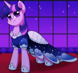 Size: 1009x953 | Tagged: safe, artist:anonymous, derpibooru import, twilight sparkle, pony, unicorn, /mlp/, 4chan, clothes, cute, drawthread, dress, female, hoof shoes, implied princess luna, looking at you, mare, night, solo, stars, twiabetes