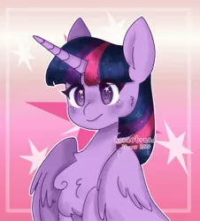 Size: 694x768 | Tagged: safe, artist:yumocloudyy, derpibooru import, twilight sparkle, twilight sparkle (alicorn), alicorn, pony, bust, cheek fluff, chest fluff, cute, cutie mark background, female, looking at you, mare, portrait, smiling, solo, starry eyes, three quarter view, twiabetes, wingding eyes, wings