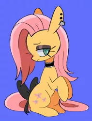 Size: 948x1248 | Tagged: safe, artist:mesqrit, derpibooru import, fluttershy, pony, blue background, bow, choker, chokershy, colored pupils, cute, ear piercing, earring, female, fluttergoth, goth, jewelry, mare, piercing, profile, shyabetes, simple background, sitting, solo, tail bow, wingless