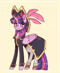 Size: 615x747 | Tagged: safe, artist:yumocloudyy, derpibooru import, twilight sparkle, twilight sparkle (alicorn), alicorn, pony, my little pony: the movie, blushing, captain, captain twilight, chest fluff, clothes, feathered hat, female, folded wings, hat, heart, heart eyes, looking at you, mare, pirate costume, pirate hat, pirate outfit, pirate twilight, solo, spats, standing, three quarter view, uniform, wingding eyes, wings