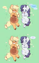 Size: 811x1308 | Tagged: safe, artist:xeiphi, deleted from derpibooru, derpibooru import, applejack, rarity, earth pony, pony, unicorn, ..., applejack's hat, cloven hooves, comic, cowboy hat, exclamation point, female, grass, grass field, hat, laughing, lesbian, mare, on back, rarijack, shipping, snorting