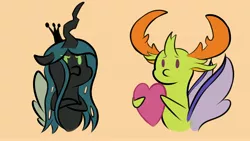 Size: 3840x2160 | Tagged: artist:sadtrooper, bust, changedling, changeling, changeling queen, cute, cutealis, derpibooru import, female, heart, king thorax, orange background, queen chrysalis, safe, simple background, thorabetes, thorax