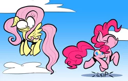 Size: 2640x1680 | Tagged: safe, artist:joeywaggoner, derpibooru import, fluttershy, pinkie pie, earth pony, pegasus, pony, cartoon physics, cloud, disbelief, duo, duo female, eyes closed, female, flying, in which pinkie pie forgets how to gravity, mare, mismatched eyes, pinkie being pinkie, pinkie physics, profile, skipping, sky, spread wings, wings