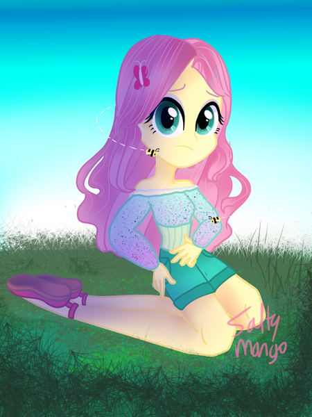 Size: 1536x2048 | Tagged: safe, artist:saltymango, derpibooru import, fluttershy, equestria girls, alternate clothes, alternate hairstyle, bumblebee, clothes, concerned, cute, looking at you, shorts, shyabetes, solo