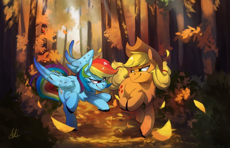 Size: 4096x2650 | Tagged: safe, artist:anticular, derpibooru import, applejack, rainbow dash, earth pony, pegasus, pony, appledash, autumn, chest fluff, duo, female, forest, high res, leaves, lesbian, looking at each other, mare, scenery, shipping, smiling, unshorn fetlocks