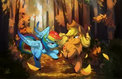 Size: 4096x2650 | Tagged: safe, artist:anticular, derpibooru import, applejack, rainbow dash, earth pony, pegasus, pony, appledash, autumn, chest fluff, duo, female, forest, high res, leaves, lesbian, looking at each other, mare, scenery, shipping, smiling, unshorn fetlocks