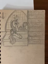 Size: 1280x1707 | Tagged: safe, artist:vaser888, derpibooru import, rarity, twilight sparkle, twilight sparkle (alicorn), alicorn, pony, unicorn, bookshelf, female, heart, lesbian, photo, rarilight, shipping, sketch, sketchbook, table, traditional art, window