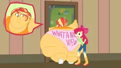Size: 1024x576 | Tagged: suggestive, artist:jamesawilliams1996, artist:neongothic, derpibooru import, edit, edited edit, apple bloom, sunset shimmer, equestria girls, bbw, belly, big belly, bingo wings, bunset shimmer, butt, chubby cheeks, close-up, clothes, doorway, double chin, fat, fat ass, huge belly, huge butt, impossibly large butt, large butt, morbidly obese, obese, panties, slobset shimmer, ssbbw, story included, stuck, the ass is monstrously oversized for tight entrance, the ass was fat, the ass was too fat, thighs, thunder thighs, too fat, too fat to fit, too fat to get through, underwear, weight gain