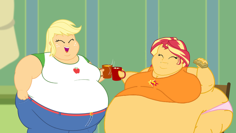 Size: 1024x576 | Tagged: suggestive, artist:jamesawilliams1996, artist:neongothic, derpibooru import, edit, edited edit, applejack, sunset shimmer, equestria girls, amplejack, applefat, bbw, belly, big belly, big breasts, bingo wings, breasts, busty applejack, busty sunset shimmer, butt, cheers, chubby cheeks, cider, clothes, double chin, eyes closed, fat, food, grin, huge belly, huge butt, large belly, large butt, morbidly obese, mug, obese, open mouth, panties, slobset shimmer, smiling, ssbbw, story included, underwear, weight gain