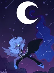 Size: 1518x2048 | Tagged: safe, artist:n in a, derpibooru import, nightmare moon, princess luna, alicorn, pony, cloud, constellation, crescent moon, crying, moon, night, night sky, s1 luna, sky, solo, stars, teary eyes