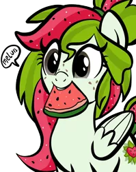Size: 1536x1928 | Tagged: artist:sjart117, derpibooru import, female, food, freckles, fruit, herbivore, mare, melon, mouth hold, oc, oc:watermelana, pegasus, safe, silly, simple background, smiling, solo, speech, talking, teeth, transparent background, unofficial characters only, watermelon