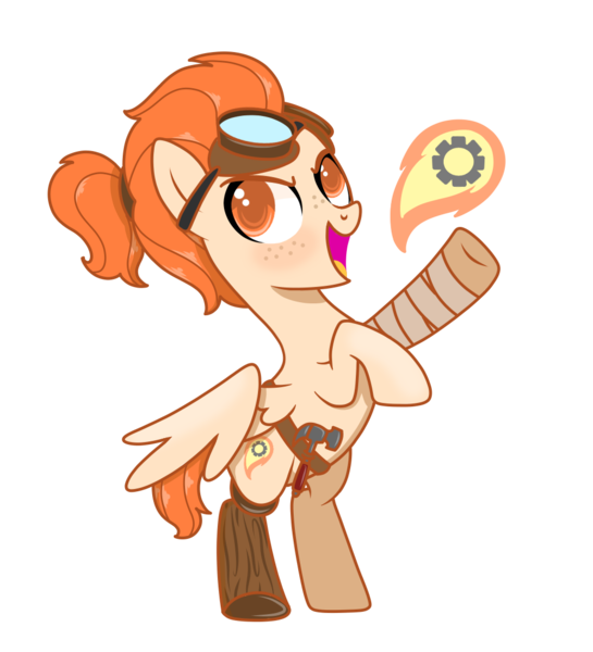 Size: 1000x1100 | Tagged: safe, artist:kb-gamerartist, derpibooru import, oc, oc:aoife (ice1517), unofficial characters only, pegasus, pony, amputee, bandage, belt, blushing, freckles, goggles, hammer, open mouth, ponytail, prosthetic leg, prosthetic limb, prosthetics, raised hoof, rearing, simple background, solo, transparent background