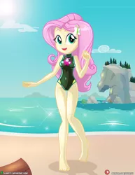 Size: 1500x1942 | Tagged: safe, alternate version, artist:dieart77, derpibooru import, fluttershy, equestria girls, beach, bikini, clothes, cute, fluttershy's one-piece swimsuit, image, jpeg, one-piece swimsuit, shyabetes, solo, swimsuit