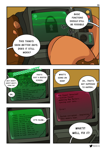 Size: 2893x4092 | Tagged: artist:raph13th, comic, comic:that day, cracked, derpibooru import, error, fallout equestria, female, glitch, locked, oc, oc:roulette, pipbuck, pointing, safe, screen, simple background, unofficial characters only