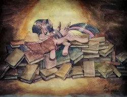 Size: 3456x2642 | Tagged: safe, artist:digiral, derpibooru import, twilight sparkle, twilight sparkle (alicorn), alicorn, pony, book, female, glowing horn, horn, lying down, magic, mare, reading, signature, solo, telekinesis, that pony sure does love books, traditional art, watercolor painting