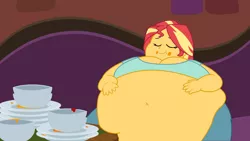 Size: 2560x1440 | Tagged: safe, artist:neongothic, artist:skye lily, derpibooru import, edit, edited edit, sunset shimmer, equestria girls, bbw, belly, belly button, big belly, fat, full, huge belly, morbidly obese, obese, slobset shimmer, solo, stuffed