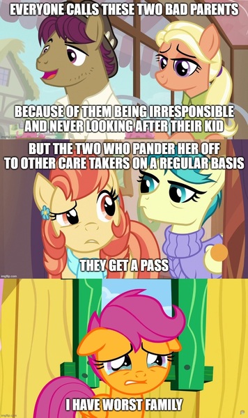 Size: 888x1497 | Tagged: aunt holiday, auntie lofty, crying, derpibooru import, edit, edited screencap, mane allgood, op has a point, safe, scootaloo, screencap, snap shutter, text, the last crusade