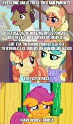 Size: 888x1497 | Tagged: aunt holiday, auntie lofty, crying, derpibooru import, edit, edited screencap, mane allgood, op has a point, safe, scootaloo, screencap, snap shutter, text, the last crusade