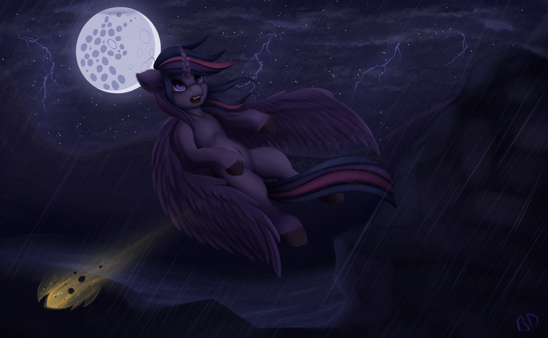 Size: 2117x1308 | Tagged: alicorn, artist:batsdisaster, derpibooru import, female, horn, lightning, mare, mare in the moon, moon, night, rain, river, safe, twilight sparkle, twilight sparkle (alicorn)