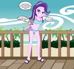 Size: 1009x937 | Tagged: suggestive, artist:kingdark0001, artist:phucknuckl, artist:titanium-pony, derpibooru import, spike, starlight glimmer, dog, equestria girls, bikini, breasts, clothes, dialogue, female, male, sandals, shipping, sparlight, spike the dog, straight, swimsuit