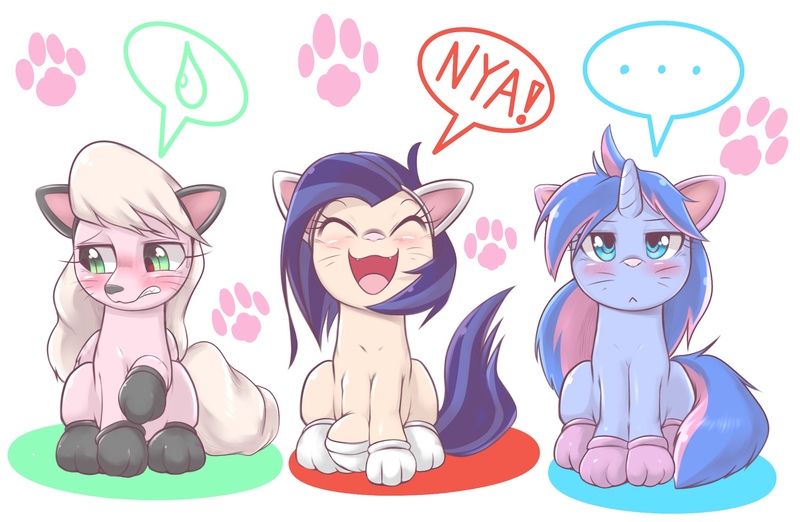 Size: 2129x1390 | Tagged: safe, artist:kurogewapony, derpibooru import, oc, oc:moff cloud, oc:slowly flame, oc:southern sail, unofficial characters only, earth pony, pegasus, pony, unicorn, behaving like a cat, blushing, cat ears, cat paws, embarrassed, female, looking at you, mare, nya, unamused