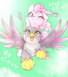 Size: 1364x1533 | Tagged: safe, artist:kurogewapony, derpibooru import, gabby, pinkie pie, earth pony, gryphon, pony, female, flying, looking at each other, mare, one eye closed, ponies riding griffons, riding, smiling