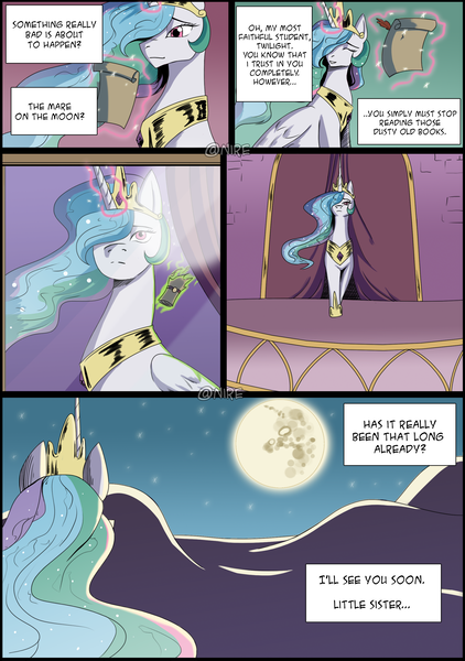 Size: 2079x2953 | Tagged: safe, artist:nire, derpibooru import, nightmare moon, princess celestia, princess luna, alicorn, pony, friendship is magic, balcony, canterlot, comic, female, glowing horn, horn, implied twilight sparkle, letter, magic, mare, mare in the moon, moon, night, quill, sad, scroll, signature, sky, solo, telekinesis