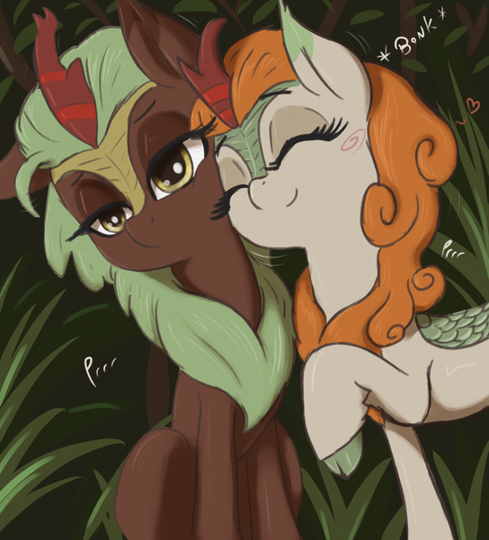 Size: 1450x1600 | Tagged: affection, artist:t72b, atg 2020, autumn blaze, awwtumn blaze, behaving like a cat, blushing, blush sticker, bonk, cinderbetes, cinder glow, cute, derpibooru import, expressionless, eyes closed, female, floating heart, floppy ears, grass, heart, kirin, lidded eyes, mare, newbie artist training grounds, nuzzling, one ear down, onomatopoeia, purring, raised hoof, safe, sitting, smiling, squishy cheeks, summer flare