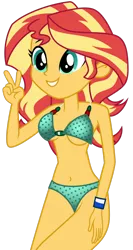 Size: 1024x1931 | Tagged: suggestive, artist:emeraldblast63, artist:mauroz, derpibooru import, sunset shimmer, equestria girls, belly button, bikini, breasts, busty sunset shimmer, cleavage, clothes, peace sign, sexy, show accurate, swimsuit