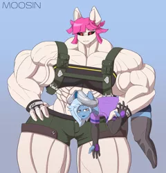 Size: 1920x2000 | Tagged: anthro, artist:mopyr, black sclera, clothes, couple, derpibooru import, evening gloves, gloves, horn, hybrid, long gloves, muscles, oc, oc:fort, oc:moosin, original species, outfit, overdeveloped muscles, safe, size difference, socks, stockings, thigh highs, unofficial characters only, wide hips
